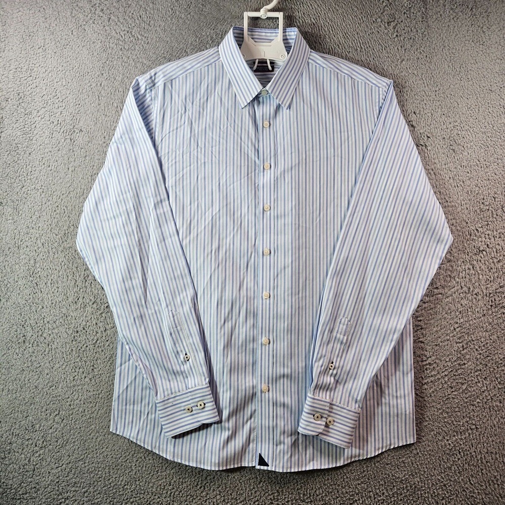 Untuckit Shirt Men XL 2-Ply Cotton Button Up Long Sleeve White Blue Striped -EUC